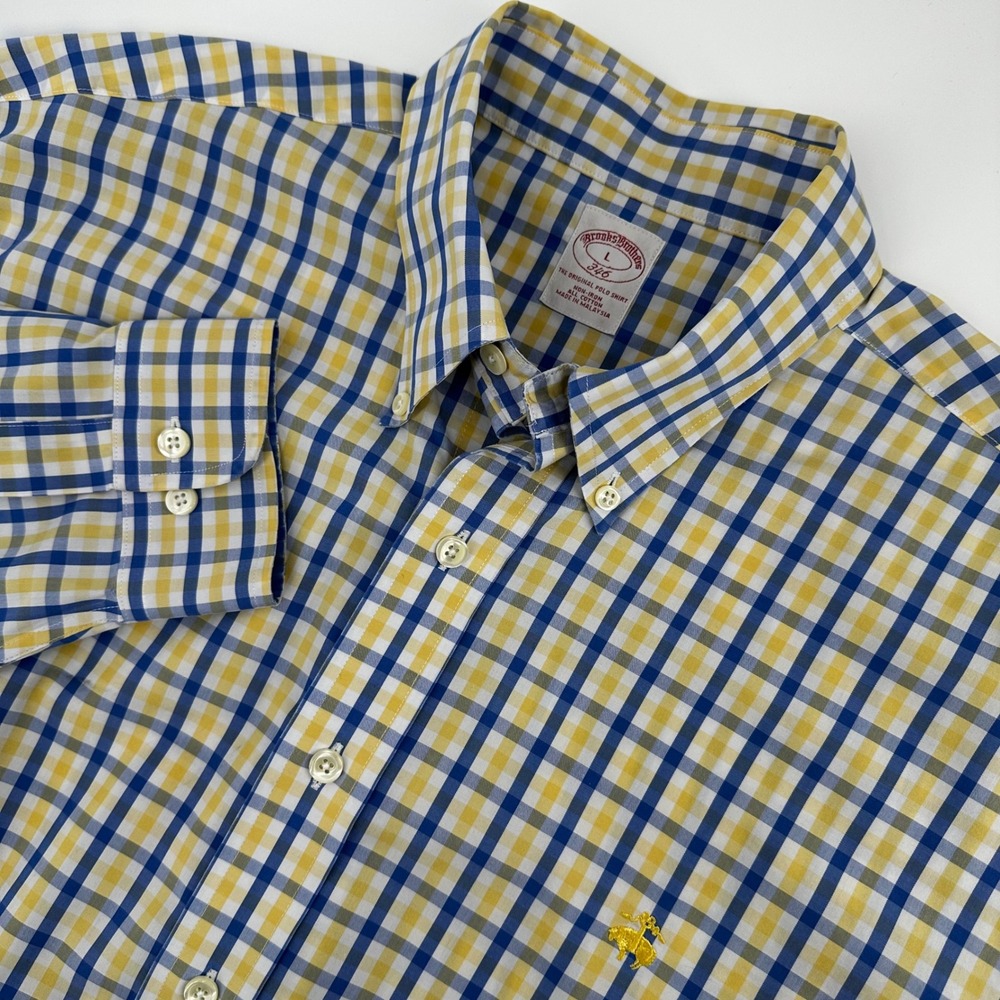 Brooks Brothers Shirt Mens L Blue Yellow Check 346 Non-Iron Cotton Button Down